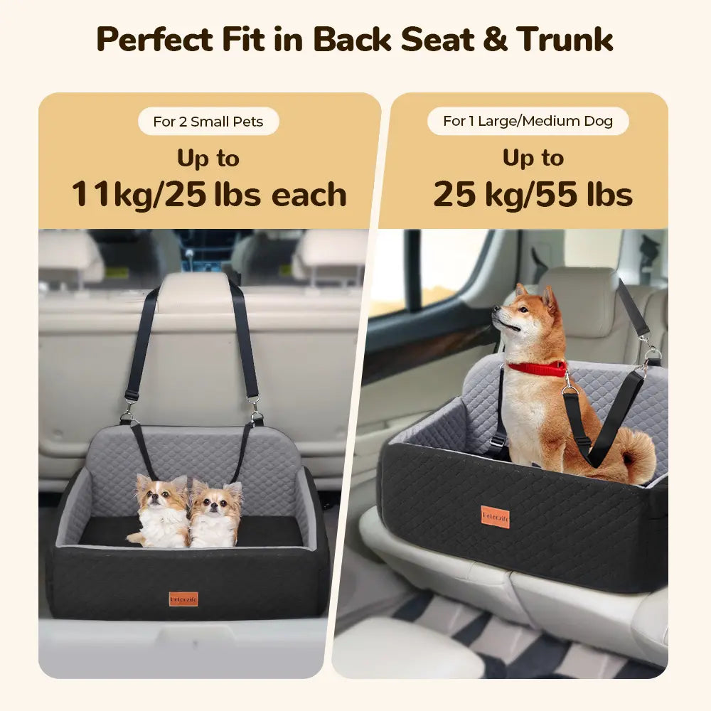 PAWGIANT Portable Dog Car Seat, Stylish Travel Carrier, Dog Car Seat for Large Medium Dogs Pet Car Seat under 55 Lbs or 2 Puppies Removable Washable Pets Travel Booster Bed for Automotive Backseat with Comfy Thick Cushion 2 Safety Leashes, Black Brown