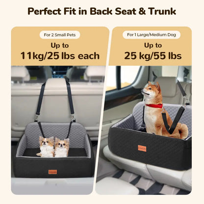 PAWGIANT Portable Dog Car Seat, Stylish Travel Carrier, Dog Car Seat for Large Medium Dogs Pet Car Seat under 55 Lbs or 2 Puppies Removable Washable Pets Travel Booster Bed for Automotive Backseat with Comfy Thick Cushion 2 Safety Leashes, Black Brown