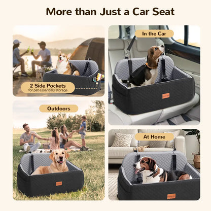 PAWGIANT Portable Dog Car Seat, Stylish Travel Carrier, Dog Car Seat for Large Medium Dogs Pet Car Seat under 55 Lbs or 2 Puppies Removable Washable Pets Travel Booster Bed for Automotive Backseat with Comfy Thick Cushion 2 Safety Leashes, Black Brown