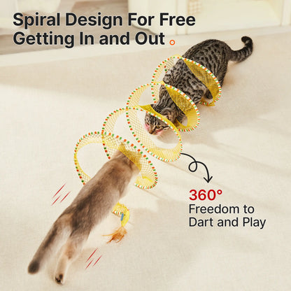Potaroma Spiral Tunnel Cat Toy, Collapsible Spring Play Tunnel with Feather & Bell for Indoor Cats, 20 Inches Unfolded