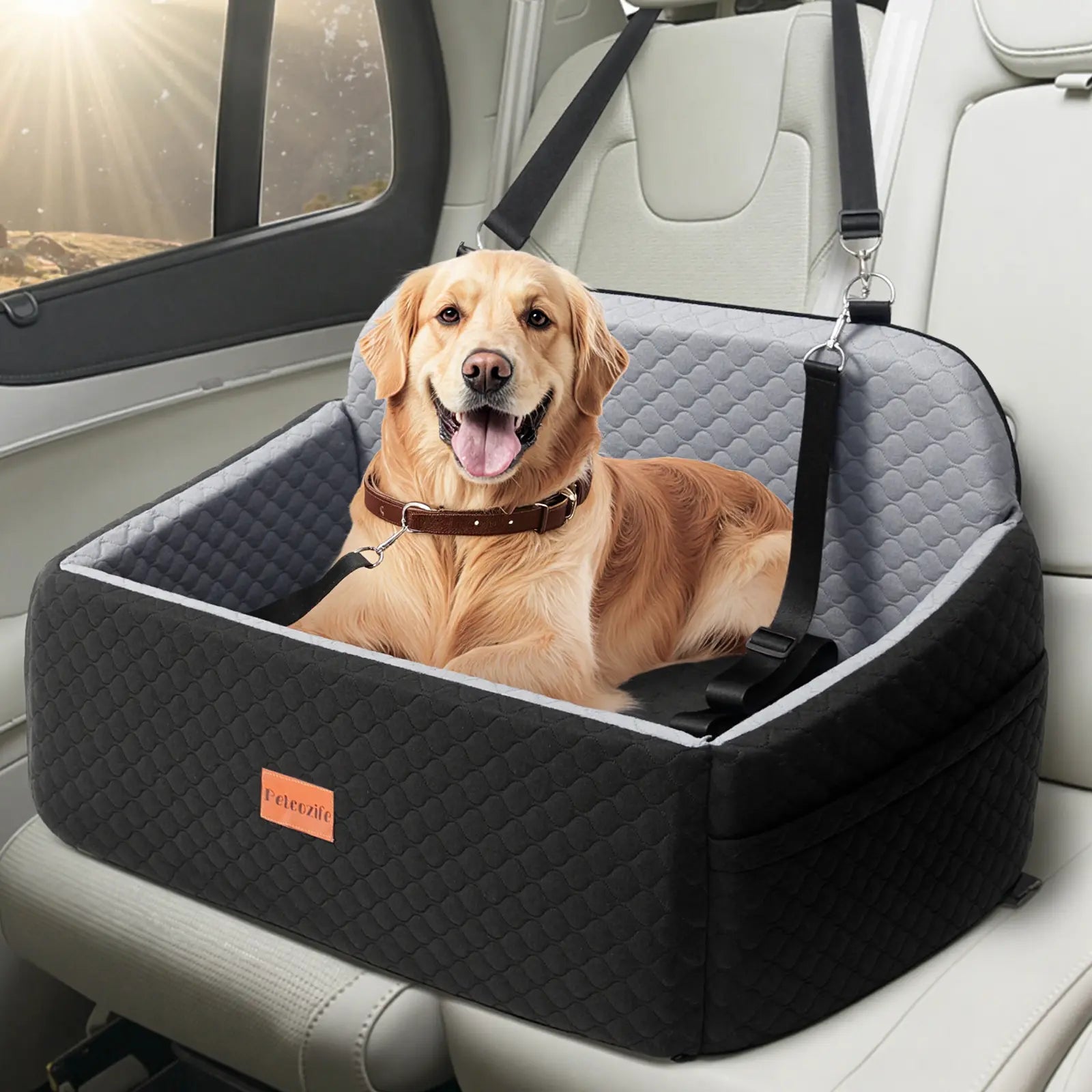 PAWGIANT Portable Dog Car Seat, Stylish Travel Carrier, Dog Car Seat for Large Medium Dogs Pet Car Seat under 55 Lbs or 2 Puppies Removable Washable Pets Travel Booster Bed for Automotive Backseat with Comfy Thick Cushion 2 Safety Leashes, Black Brown